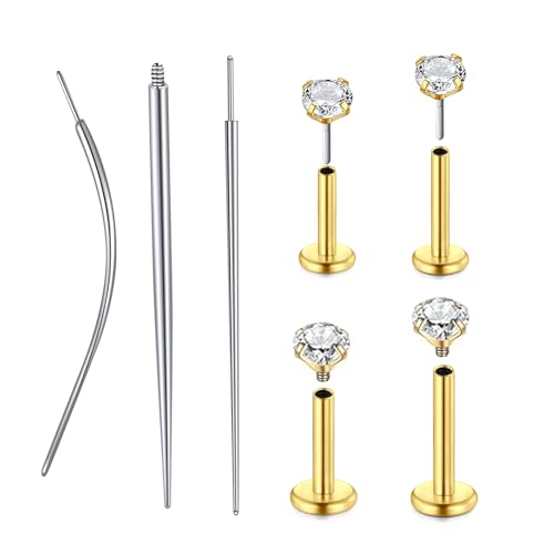 QWALIT Piercing Taper Threadless Insertion Tool - Titanium Labret Pin 16g, 18g, 20g - color: D12 - Gold Threaded+Threadless