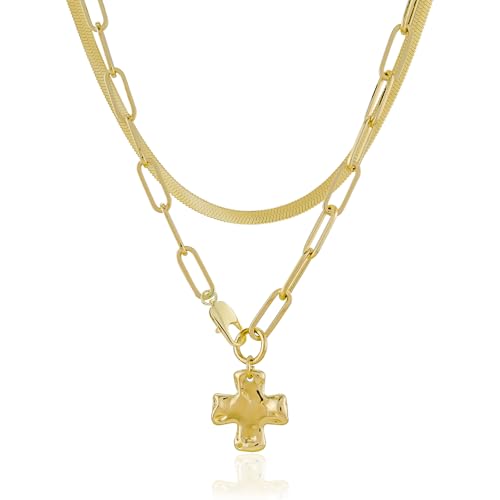 Bheop Chunky Cross Necklace for Women Trendy 14K Gold Silver Layered Statement Cross Pendant Charm Necklace Waterproof Paperclip Herringbone Snake Choker Chain Christian Jewelry Set Gift Non Tarnish - style: GD-2PCS/0.8 inch Cross+Herringbone Necklace