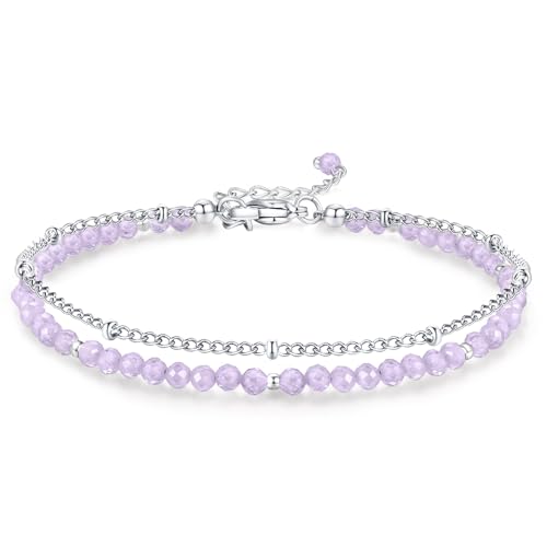 Peridot Stand Silver Gold Bracelets, Handmade Birthstone Stack Bracelet Crystal Gemstones Bead Chain Gift for Women, 8" - color: Silver-02-Feb Amethyst