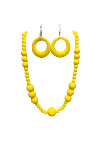 KZL Colorful Round Acrylic Beaded Jewelry Set for Women, Retro 80s Neon Dangle Earrings & Chunky Beaded Necklace, Costume Party Festival Accessories - color: Yellow