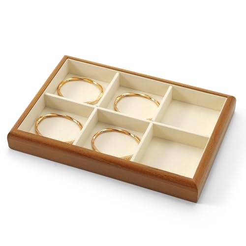 6 Grids Solid Wood Jewelry Tray Microfiber Bracelet Bangle Watch Earring Ring Necklace Holder for Display Storage (Cream White) - style: 6 Grid