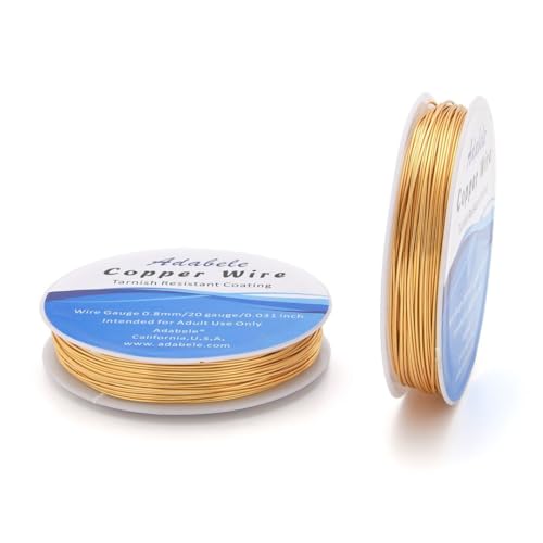 Adabele 65 Feet Premium Tarnish Resistant Round Jewelry Wire Copper Beading Wire Spool Bulk (0.8mm/20 Gauge) 18K Gold Plated for DIY Craft Jewelry Making BF286-8 - color: 18K Yellow Gold/Light Gold, size: 0.8mm (20 Gauge) wire - 1 Roll