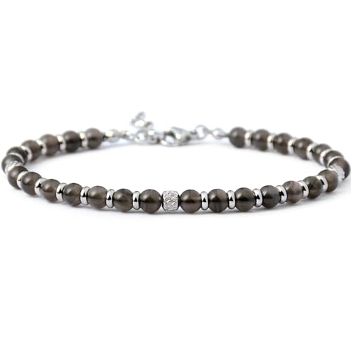 Ganbatte Handmade Beaded Bracelet, Natural Stone and Silver Stainless Steel, Boho Style Women's Jewelry - color: Obsidian/Black Ice