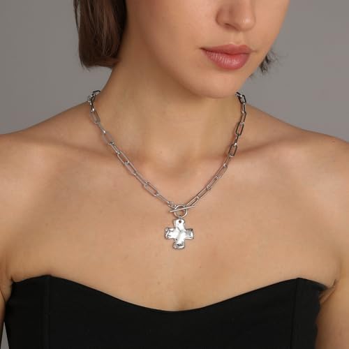 Bheop Chunky Cross Necklace for Women Trendy 14K Gold Silver Layered Statement Cross Pendant Charm Necklace Waterproof Paperclip Herringbone Snake Choker Chain Christian Jewelry Set Gift Non Tarnish - style: SL-Toggle Necklace（1 inch Pendant）