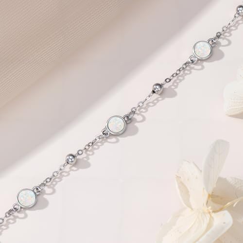 HPQQ Anklet Bracelet for Women 925 Sterling Silver Natural Stone Chain Bead Ankle Bracelet Beach Summer Fine Jewelry Mothers Day Birthday Gifts for Women Mom Wife - color: Bracelet-7"-9"-Opal