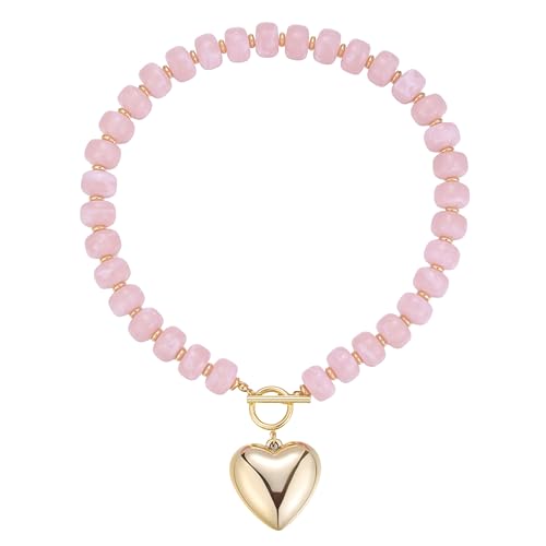 GZQ Chunky Gold Heart Necklace for Women, Resin Beaded Chain with Puff Heart Adjustable Clasp, Perfect for Daily Wear Party Date Streetwear Outfits Fashion Jewelry Gift - color: Pink