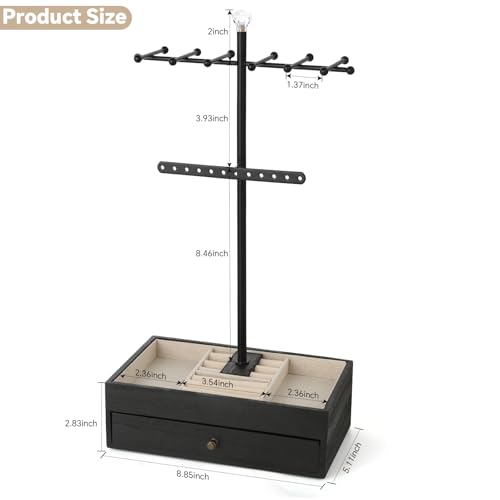 Meangood Jewelry Organizer Stand, 3-Tier Necklace Holder Jewelry Tree with Wooden Storage Drawer Box for Necklace Bracelet Earring Ring,Black - color: Dark Black