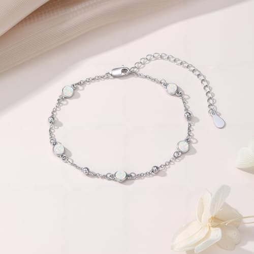 HPQQ Anklet Bracelet for Women 925 Sterling Silver Natural Stone Chain Bead Ankle Bracelet Beach Summer Fine Jewelry Mothers Day Birthday Gifts for Women Mom Wife - color: Bracelet-7"-9"-Opal