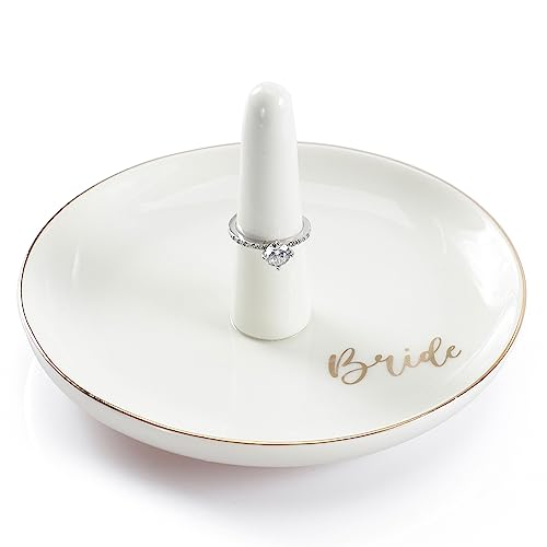 HOME SMILE Ring Holder for Bride-Monogrammed Engagement Gifts for Friends,Birthday Mother's Day Christmas Gifts for Women,Ceramic White - style: Bride