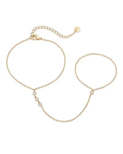 PAVOI 14K Gold Plated Hand Chains for Women - Adjustable Hand Chain Bracelet and Ring - Trendy Gold Handchain Bracelet Stack Summer Jewelry - Beads, Pearl, and Cubic Zirconia Body Jewelry - style: Station