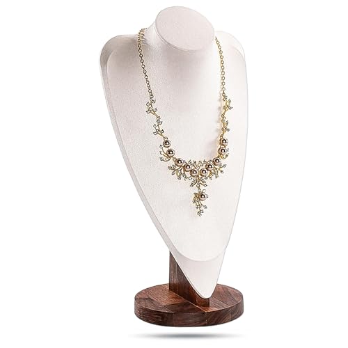 14.5" Real Walnut Jewelry Necklace Bust Display Stand for Vendors - Beige Microfiber - Wooden Mannequin Chain Holder - Tall - color: Beige, size: 14.5" Tall, style: Walnut