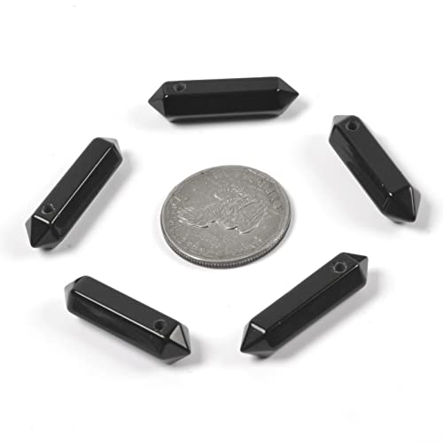 Black Obsidian 32mm Natural Gemstone Hexagonal Wand Jewelry Making Crystal Pointed Chakra Reiki Healing Beads 2mm Hole Drilled(Pack of 10) - color: Black Obsidian