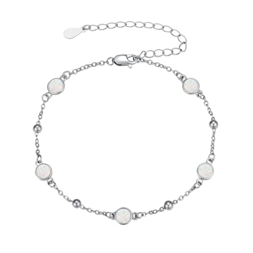 HPQQ Anklet Bracelet for Women 925 Sterling Silver Natural Stone Chain Bead Ankle Bracelet Beach Summer Fine Jewelry Mothers Day Birthday Gifts for Women Mom Wife - color: Bracelet-7"-9"-Opal