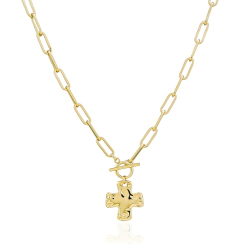 Bheop Chunky Cross Necklace for Women Trendy 14K Gold Silver Layered Statement Cross Pendant Charm Necklace Waterproof Paperclip Herringbone Snake Choker Chain Christian Jewelry Set Gift Non Tarnish - style: GD-Toggle Necklace（1 inch Pendant)
