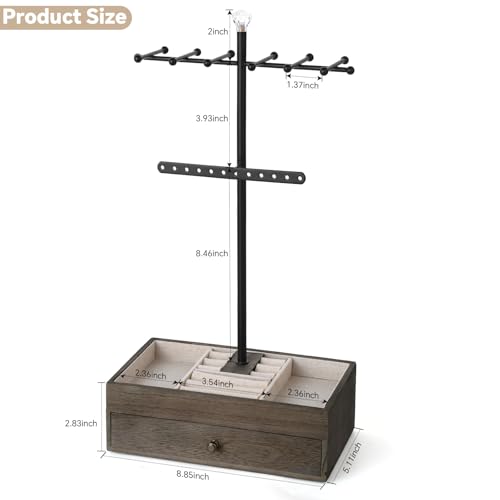 Meangood Jewelry Organizer Stand, 3-Tier Necklace Holder Jewelry Tree with Wooden Storage Drawer Box for Necklace Bracelet Earring Ring, Walnut - color: Weathered Grey