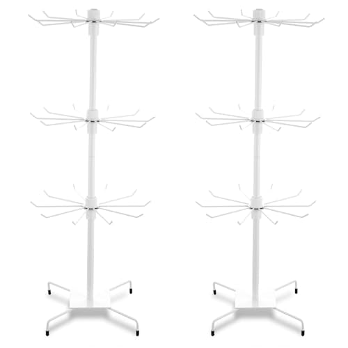Lemecima 2 Pcs Rotating Jewelry Display Rack with Hooks Metal Earrings Display Stand for Selling Necklace (White, 3 Tires)