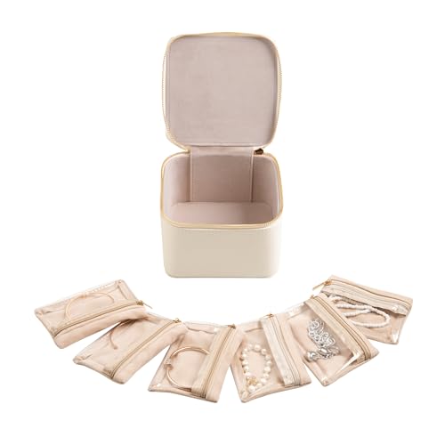 Frebeauty Small Travel Jewelry Box with 6 Pouch Bags, Portable Mini Jewelry Storage, 3.35 x 4.9 x 4.8 Inches, Gift Idea for Women Girls (Beige) - color: Beige