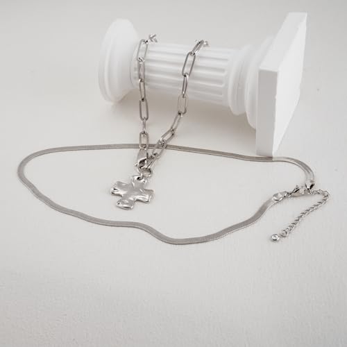 Bheop Chunky Cross Necklace for Women Trendy 14K Gold Silver Layered Statement Cross Pendant Charm Necklace Waterproof Paperclip Herringbone Snake Choker Chain Christian Jewelry Set Gift Non Tarnish - style: SL-2PCS/0.8 inch Cross+Herringbone Necklace