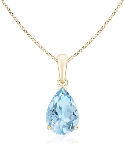 Angara Natural Aquamarine Solitaire Pendant for Women | Pear-Shaped Aquamarine Solitaire Pendant in 14K Solid Gold/Silver/Platinum With 18" Chain | March Birthday, Gemstone Jewelry Gift