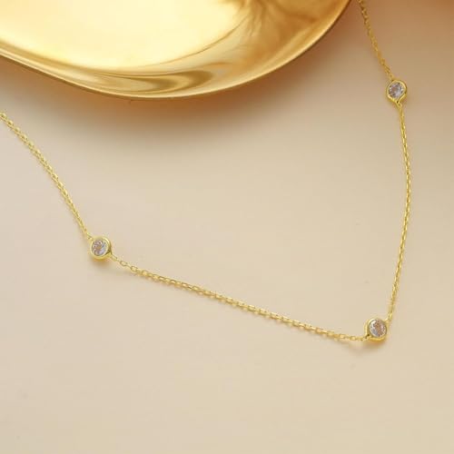 Mothers Day Gifts - Dainty Silver Gold Necklaces for Women Cute Station Choker Simulated Diamond Necklace Simple Layering CZ Necklace Trendy Jewelry Gifts - color: Gold, style: 5pcs Round CZ-Cable Chain