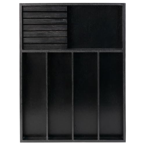 VaeFae Bamboo Silverware Organizer, Utensil Holder for Drawer, Wooden Cutlery Tray with Divider for Kitchen Drawer, Utensil Organizer with Knife Block（Black） - color: Black, size: 5 Slot with block