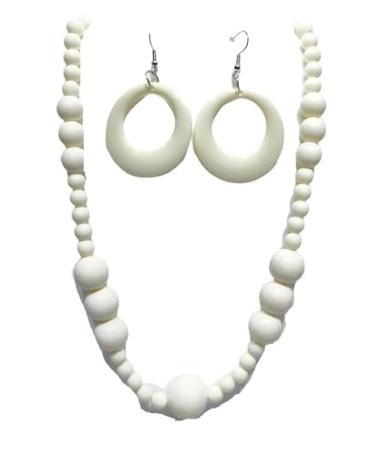 KZL Colorful Round Acrylic Beaded Jewelry Set for Women, Retro 80s Neon Dangle Earrings & Chunky Beaded Necklace, Costume Party Festival Accessories - color: White