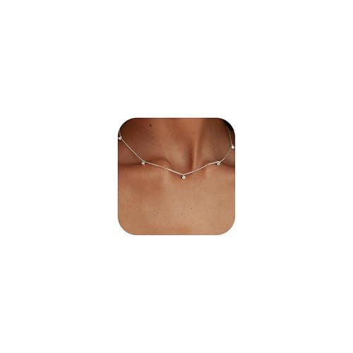 Mothers Day Gifts - Dainty Silver Gold Necklaces for Women Cute Station Choker Simulated Diamond Necklace Simple Layering CZ Necklace Trendy Jewelry Gifts - color: Silver, style: 5pcs Hanging CZ-Cable Chain