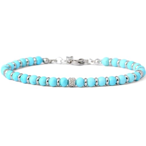 Ganbatte Handmade Beaded Bracelet, Natural Stone and Silver Stainless Steel, Boho Style Women's Jewelry - color: Turquoise