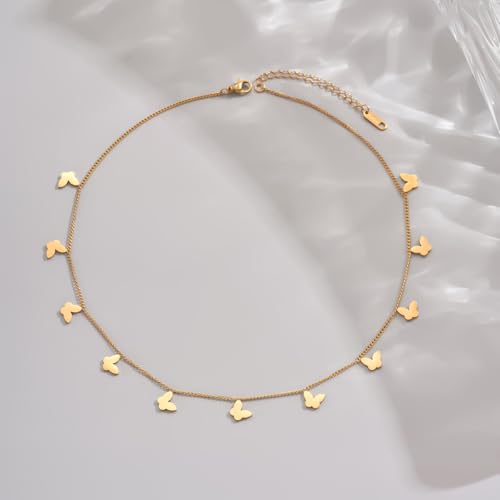 Gold Chain Necklace for Women 18K Gold Plated Dainty Star Cross Heart Cuabn Choker Chains Stainless Steel Trendy Jewelry Christmas Gifts - color: Tiny Butterfly