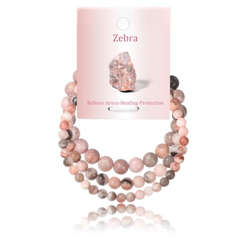 3Pcs Natural Healing Crystal Bracelets for Women Men, 4mm 6mm 8mm Beaded Stretch Bracelet Set, Black Tourmaline Natural Stone Gemstone Jewelry Gifts for Meditation, Reiki & Yoga - color: Pink Zebra Jasper