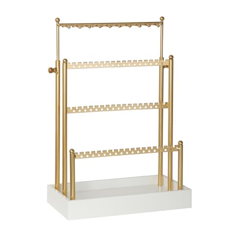 Tirzah 3-Tier Adjustable Earring Necklace Holder Organizer Stand, Gold Jewelry Display Tree with 105 Slots, 10 Double-Sided Hooks, White Tray for Women, Girls - color: Gold & White, for Necklace Earring