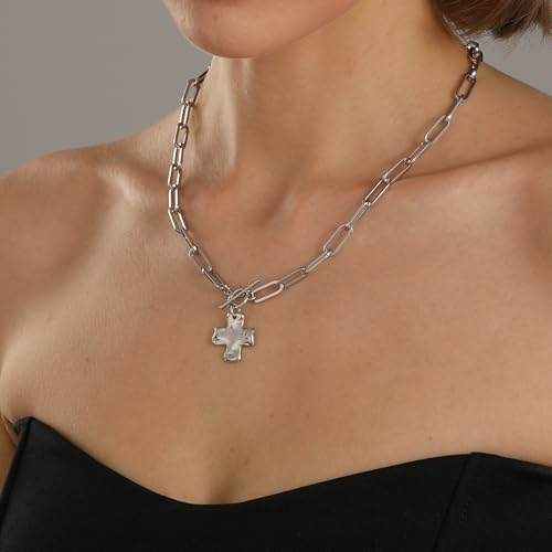 Bheop Chunky Cross Necklace for Women Trendy 14K Gold Silver Layered Statement Cross Pendant Charm Necklace Waterproof Paperclip Herringbone Snake Choker Chain Christian Jewelry Set Gift Non Tarnish - style: SL-Toggle Necklace(0.8 inch Pendant)