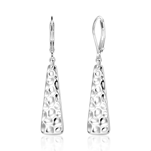 ALEXCRAFT 925 Sterling Silver Dangle Earrings for Women, 14K Gold Plated French Leverback Earrings, Hypoallergenic Lightweight Statement Hammer Square Bar Long Drop Earing for Women Trendy Jewelry - color: SilverA