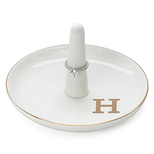 HOME SMILE Initials Ring Holder Jewery Tray with personalized H-Monogrammed Engagement Gifts for Friends,Birthday Mother's Day Christmas Gifts for Women,Ceramic White - style: H