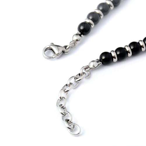 Ganbatte Handmade Beaded Bracelet, Natural Stone and Silver Stainless Steel, Boho Style Women's Jewelry - color: Black Onyx