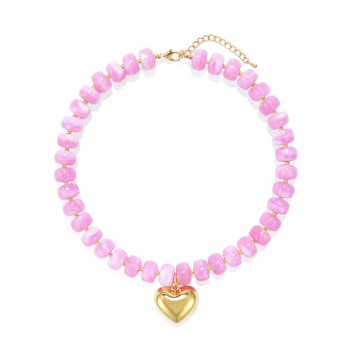 Chunky Heart Necklace for Women, Colorful Acrylic Beaded Statement Puff Heart Necklace, Cute Boho Y2K Choker Necklace for Gift Jewelry - color: Pink