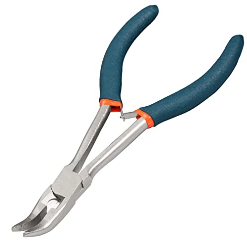 Long Reach Bent Nose Pliers for Jewelry Making 6 Inches Mini Bent Nose Pliers with Cutter Split Ring Jewelers Pliers Curved Needle Nose Pliers for Crafting and Repair Supplies - style: Bent Nose Pliers Serrated Jaws