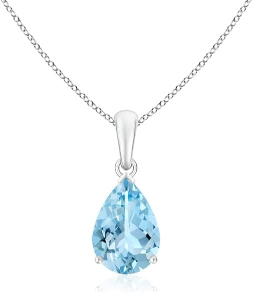 Angara Natural Aquamarine Solitaire Pendant for Women | Pear-Shaped Aquamarine Solitaire Pendant in 14K Solid Gold/Silver/Platinum With 18" Chain | March Birthday, Gemstone Jewelry Gift