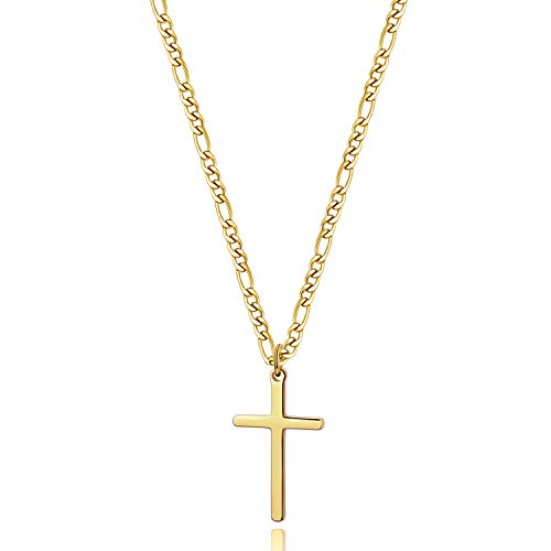 Joxevyia 14K Gold Filled Cross Necklace for Men Figaro Chain Stainless Steel Polished Cross Pendant Necklace Simple Baptism Faith Jewelry Gift - size: 22 inches, style: Big cross pendant(1.2"*0.7")