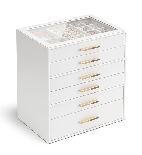 VLANDO 6 Layer Jewelry Box for Women, Glass Lid Jewelry Organizer with 6 Drawers for Necklaces Rings Earrings Bracelets - White - color: E. White, size: 6-Layer