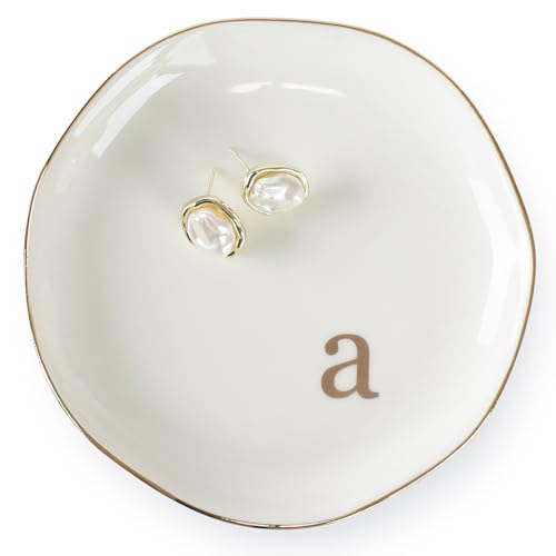 HOME SMILE Initials Ring Dish Jewery Tray with Personalized A-Monogrammed Engagement Wedding Gifts for Friends,Sister,Birthday Christmas Gifts for Women,Ceramic White - style: a