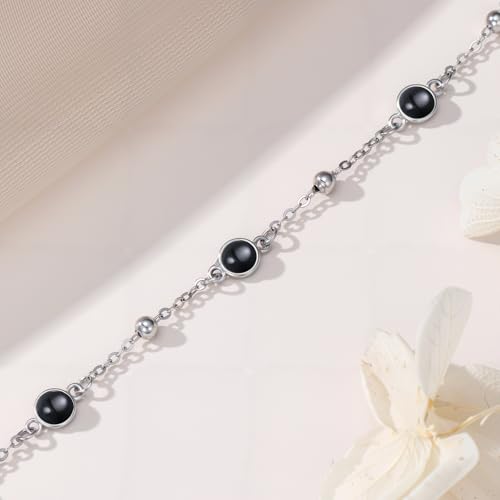 HPQQ Anklet Bracelet for Women 925 Sterling Silver Natural Stone Chain Bead Ankle Bracelet Beach Summer Fine Jewelry Mothers Day Birthday Gifts for Women Mom Wife - color: Bracelet-7"-9"-Black Onyx