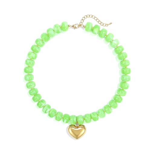 Chunky Heart Necklace for Women, Colorful Acrylic Beaded Statement Puff Heart Necklace, Cute Boho Y2K Choker Necklace for Gift Jewelry - color: Green(Light Green)