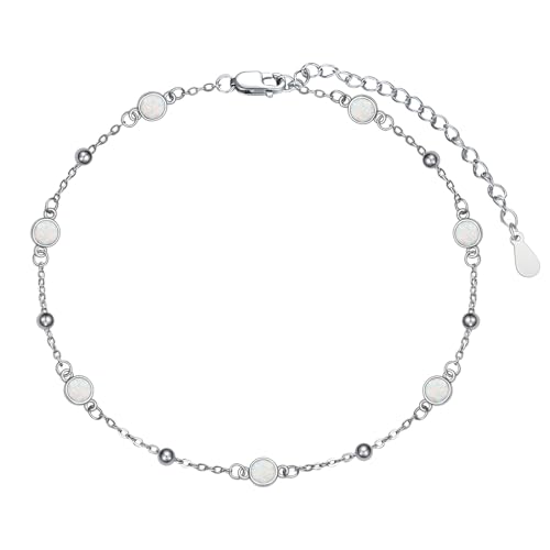HPQQ Anklet Bracelet for Women 925 Sterling Silver Natural Stone Chain Bead Ankle Bracelet Beach Summer Fine Jewelry Mothers Day Birthday Gifts for Women Mom Wife - color: Anklet-9"-11"-Opal