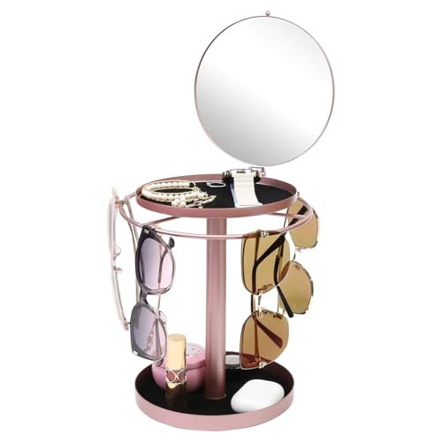 360° Rotating Sunglasses Organizer With Mirror, Metal Glasses Holder Stand, Sunglass Storage Display Eyewear Eyeglasses Rack with Tray for Desk Nightstand Dresser Table Countertop Bedroom, Rose Gold