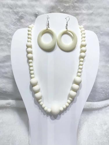 KZL Colorful Round Acrylic Beaded Jewelry Set for Women, Retro 80s Neon Dangle Earrings & Chunky Beaded Necklace, Costume Party Festival Accessories - color: White