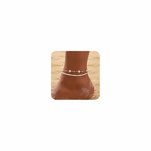 RLMOON Gold Silver Anklets for Women CZ Ankle Bracelet 14K Gold Plated Waterproof Layered Stackable Tennis Dot Chain Anklet Trendy Summer Beach Foot Jewelry - color: A-Clover&Tennis Anklet-Gold