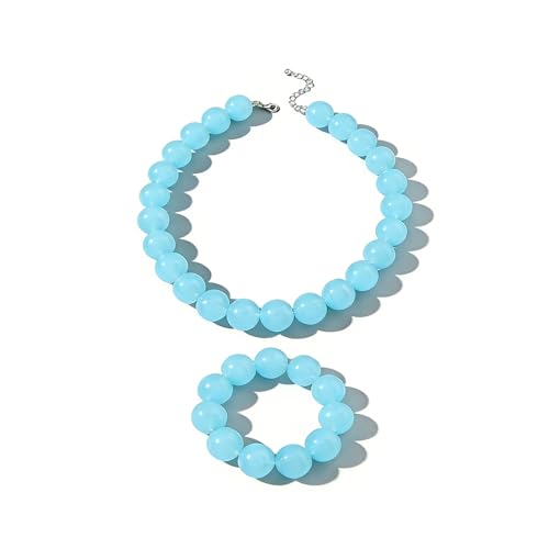 Colorful Chunky Beaded Necklace for Women Acrylic Bead Choker Necklaces Fashion Large Round Beads Necklaces for Women Handmade Summer Jewelry - color: Blue bracelet + necklace