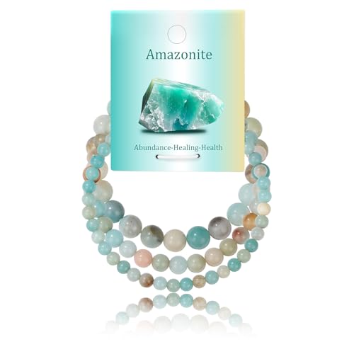 3Pcs Natural Healing Crystal Bracelets for Women Men, 4mm 6mm 8mm Beaded Stretch Bracelet Set, Black Tourmaline Natural Stone Gemstone Jewelry Gifts for Meditation, Reiki & Yoga - color: Amazonite