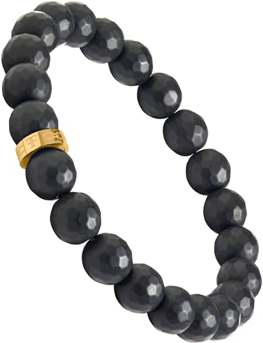 Forge & Foundry Faceted Matte Black Onyx Stone Beaded Bracelet | Custom Signature Stainless Steel Bead | ‘Pindar’ | 8mm and 10mm Bead Desgins | Refined Hand-Crafted Jewelry - color: 10mm Gold, size: Large